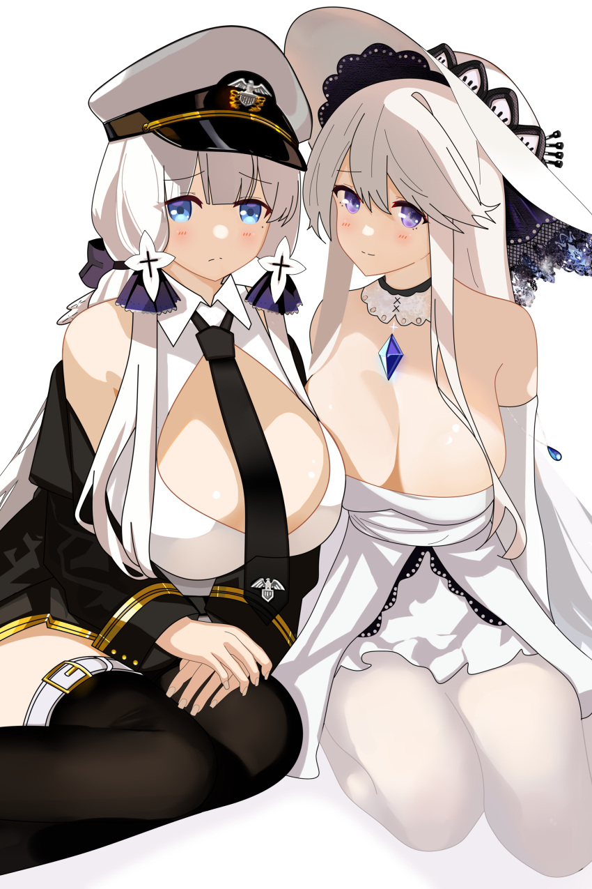 2girls absurdres azur_lane black_coat black_necktie blue_gemstone breasts cleavage cleavage_cutout clothing_cutout coat cosplay costume_switch dress elbow_gloves enterprise_(azur_lane) enterprise_(azur_lane)_(cosplay) fs_(sdamsd21321) gem gloves hat highres illustrious_(azur_lane) illustrious_(azur_lane)_(cosplay) large_breasts long_hair military_hat mole mole_under_eye multiple_girls necktie open_clothes open_coat own_hands_together peaked_cap purple_eyes seiza shirt sitting sleeveless sleeveless_shirt strapless strapless_dress sun_hat thighhighs white_dress white_gloves white_hair white_headwear