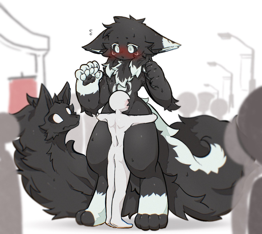 4_toes 5_fingers anon anthro biped black_body black_fur black_sclera blush canid canine ddovvin1 embrace face_on_crotch feet fingers fox fur group hi_res hug human living_tail male mammal size_difference standing tail thick_thighs toes trio_focus unusual_anatomy unusual_tail white_eyes