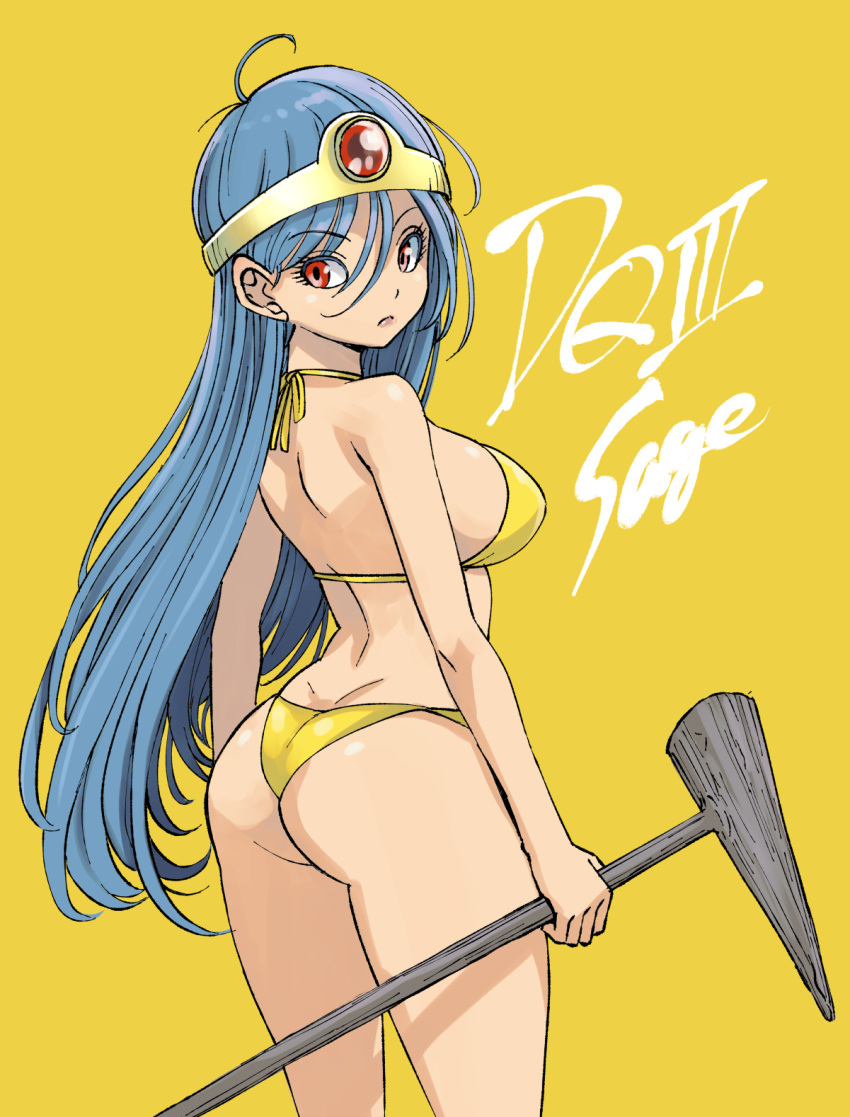 1girl ass bikini blue_hair character_name closed_mouth commentary_request copyright_name dimples_of_venus dragon_quest dragon_quest_iii eyelashes from_behind hair_between_eyes highres holding holding_wand long_hair looking_back muramasa_mikado red_eyes sage_(dq3) simple_background solo standing swimsuit tiara very_long_hair wand yellow_background yellow_bikini