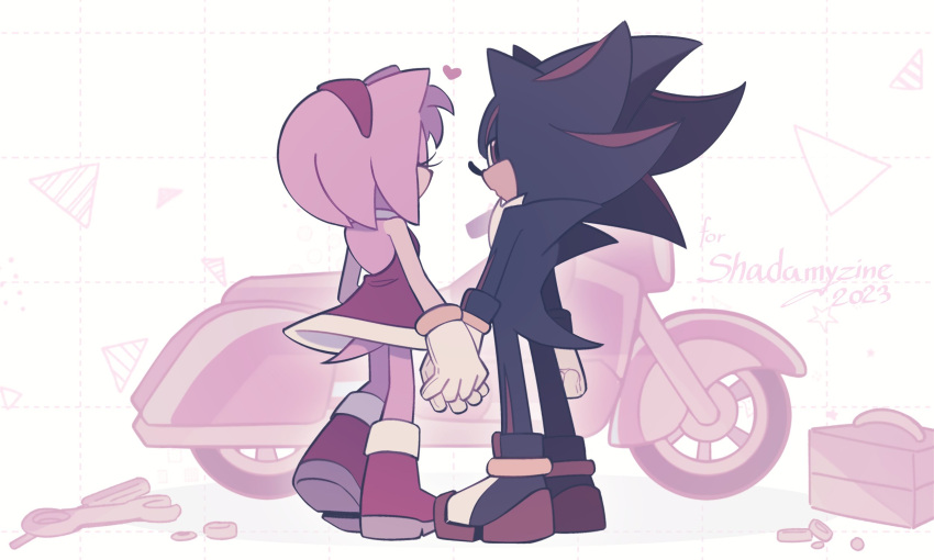 1boy 1girl amy_rose animal_ears boots bz_shawn commentary dress english_commentary english_text from_behind full_body furry furry_female furry_male gloves heart highres holding_hands motor_vehicle motorcycle red_dress red_footwear shadow_the_hedgehog shoes sonic_(series) tail white_gloves