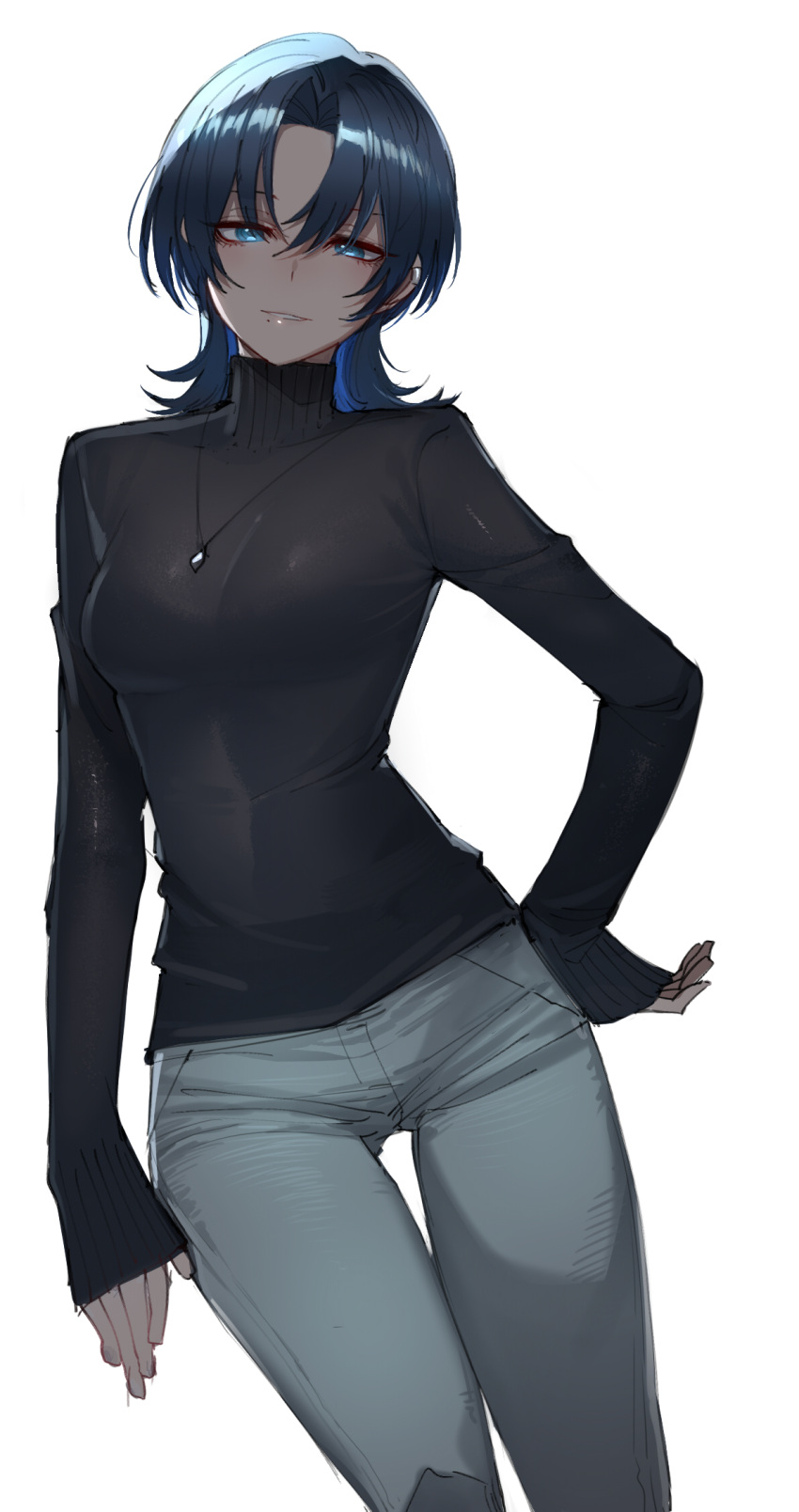1girl black_shirt blue_eyes blue_hair breasts colored_inner_hair commentary_request grey_pants hand_on_own_hip highres hiodoshi_ao hololive hololive_dev_is jewelry looking_at_viewer medium_breasts medium_hair mole mole_under_mouth multicolored_hair necklace pants parted_bangs parted_lips ratatatat74 shirt simple_background sleeves_past_wrists solo thigh_gap tomboy turtleneck virtual_youtuber white_background