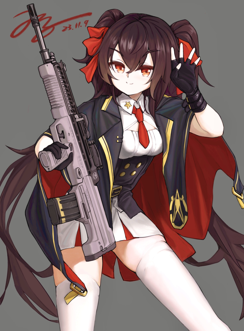1girl absurdres assault_rifle black_gloves bow breasts brown_hair bullpup cape cowboy_shot fingerless_gloves girls'_frontline gloves grey_background gun hair_bow highres holding holding_gun holding_weapon jerry_wang long_hair looking_at_viewer necktie orange_eyes qbz-97 red_bow red_necktie rifle short_necktie single_fingerless_glove skirt small_breasts smile thighhighs twintails type_97_(girls'_frontline) weapon white_skirt white_thighhighs