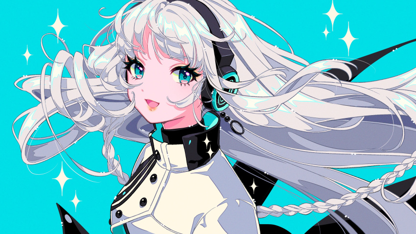 1girl blue_background blue_eyes braid buttons cevio commentary_request floating_hair from_side grey_hair haru_(cevio) headphones highres jacket kamitsubaki_studio kisumi_rei long_braid long_hair looking_at_viewer looking_to_the_side open_mouth pink_eyes side_braid smile solo sparkle turtleneck turtleneck_jacket two-tone_eyes upper_body white_jacket