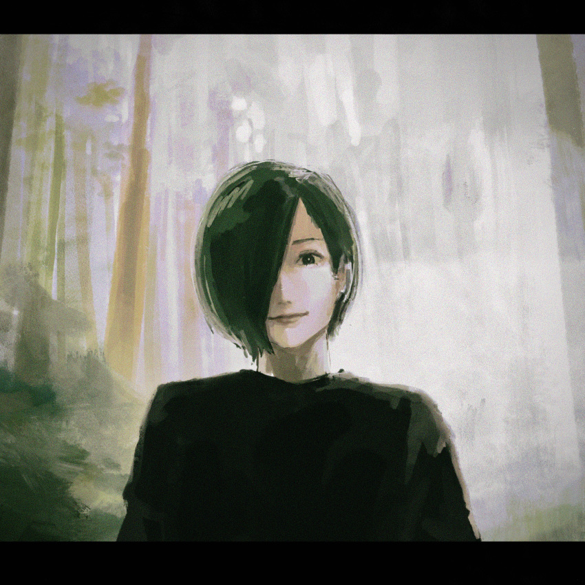 1girl black_hair black_sweater closed_mouth forest hair_over_one_eye highres kirishima_touka looking_at_viewer makko_(user_kvud5535) nature one_eye_covered short_hair smile solo sweater tokyo_ghoul tree