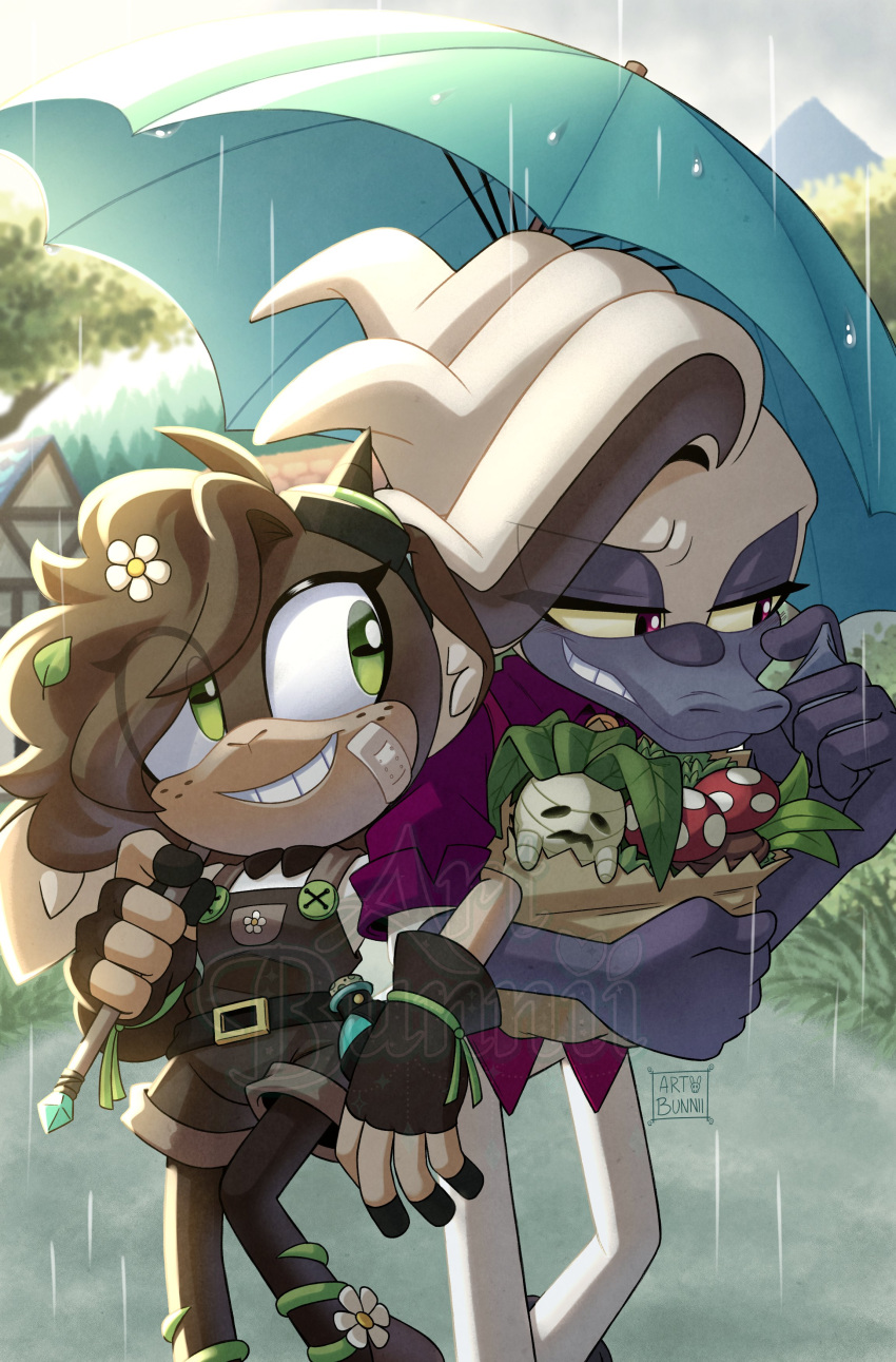 1boy 1girl absurdres artist_name bandaid bandaid_on_cheek bandaid_on_face belt black_belt brown_gloves brown_hair brown_overalls day dr._starline drstarline fingerless_gloves flask_the_goat_(drstarline) flower furry furry_female furry_male gloves green_eyes grin hair_flower hair_ornament highres holding holding_umbrella locked_arms looking_at_another outdoors overall_shorts overalls pants purple_shirt rain red_eyes shirt smile sonic_(series) tree umbrella watermark white_flower white_hair white_pants