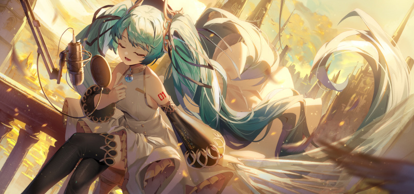 1girl :d bare_shoulders black_sleeves blue_sky breasts closed_eyes cloud cloudy_sky collarbone commentary_request covered_collarbone crossed_legs detached_sleeves dress feet_out_of_frame green_hair hatsune_miku highres ji_dao_ji long_sleeves microphone outdoors railing sky sleeveless sleeveless_dress small_breasts smile solo thighhighs twintails vocaloid white_dress wide_sleeves