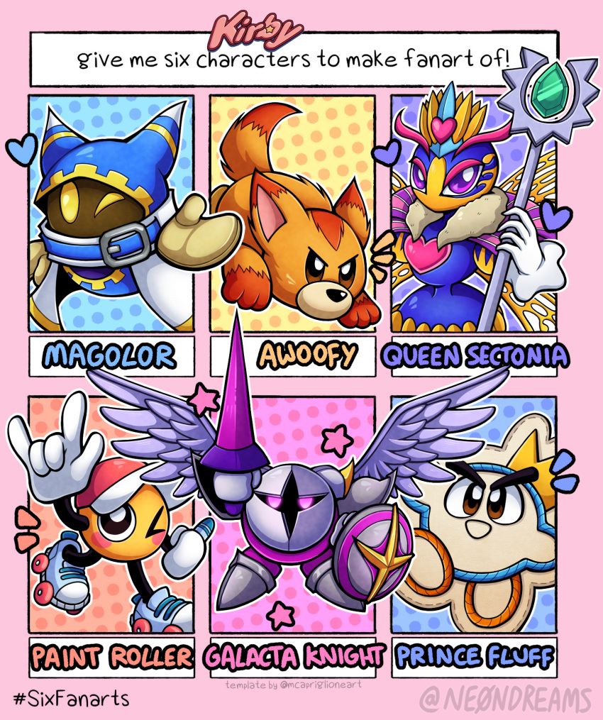 1girl \m/ animal_ears armor awoofy baseball_cap crown fox_ears fox_girl galacta_knight gloves hat heart highres holding holding_shield insect_wings kirby's_adventure kirby's_epic_yarn kirby:_triple_deluxe kirby_(series) kirby_and_the_forgotten_land kirby_super_star_ultra lance magolor mask multiple_drawing_challenge ne0n one_eye_closed paint_roller_(kirby) pauldrons polearm prince_fluff purple_eyes queen_sectonia rayman_limbs roller_skates shield shoulder_armor six_fanarts_challenge skates staff star_(symbol) weapon white_gloves wings