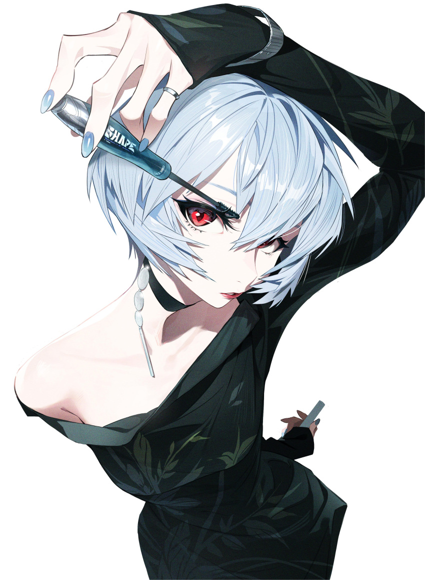 1girl absurdres albino arm_up ayanami_rei bare_shoulders black_choker blue_hair blue_nails choker dress from_above green_dress grey_hair hair_between_eyes highres jewelry leaf_print light_blue_hair neon_genesis_evangelion pale_skin parted_lips print_dress red_eyes ring short_hair sleeves_past_wrists solo tizibade