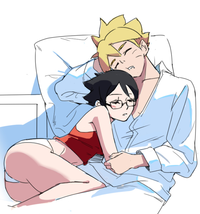 1boy 1girl bare_shoulders black-framed_eyewear black_hair blonde_hair blush boruto:_naruto_next_generations boruto:_two_blue_vortex cat_(pixiv5891854) closed_eyes commentary_request cuddling facial_mark glasses hair_between_eyes highres hug long_sleeves lying_on_person naruto_(series) no_pants pajamas panties pants pillow pointy_hair red_shirt shirt sleeping sleeveless sleeveless_shirt uchiha_sarada underwear uzumaki_boruto white_background white_panties white_pants white_shirt