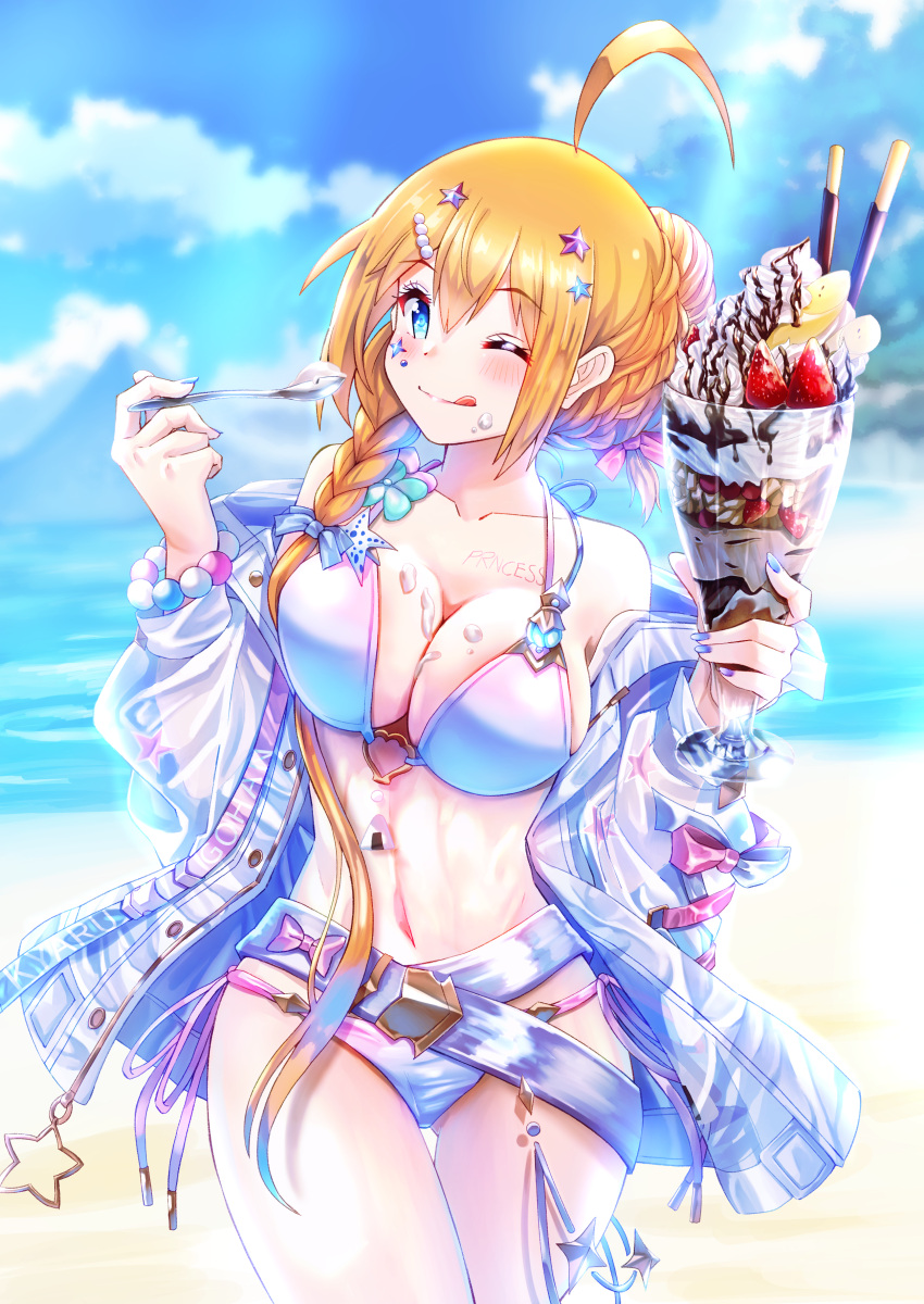 1girl ;q absurdres ahoge banana beach bead_bracelet beads bikini blue_eyes body_writing bracelet braid breasts chieru_(princess_connect!) chieru_(princess_connect!)_(cosplay) chieru_(winter)_(princess_connect!) cleavage cosplay cream cream_on_breasts cream_on_face eating food food_on_face fruit hair_between_eyes hair_ornament highres holding holding_food holding_utensil jacket jacket_over_swimsuit jewelry large_breasts long_hair looking_at_viewer navel o-ring o-ring_top one_eye_closed orange_hair parfait pecorine_(princess_connect!) pocky princess_connect! purple_bikini rabenga side-tie_bikini_bottom solo spoon star_(symbol) star_hair_ornament strawberry swimsuit tongue tongue_out translucent very_long_hair whipped_cream