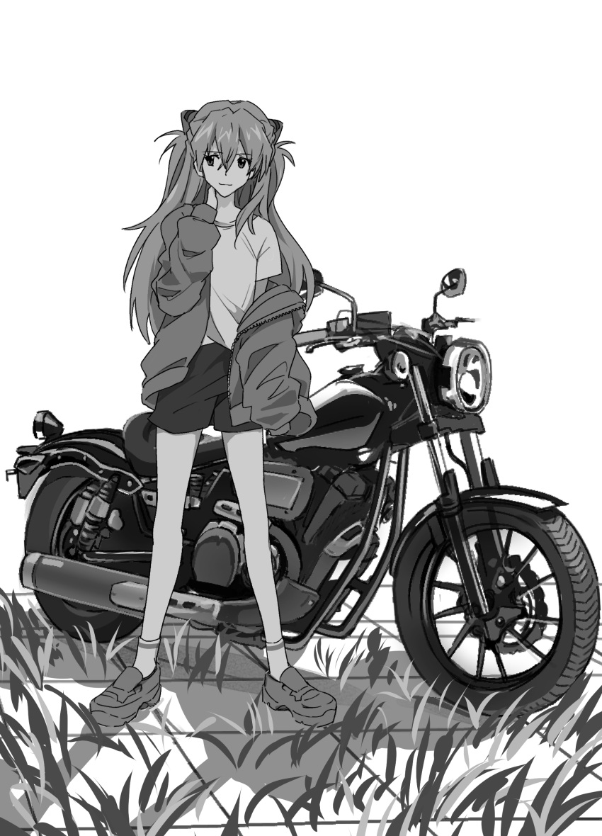 1girl 7ben9i absurdres closed_mouth full_body grass greyscale hair_between_eyes hand_on_own_neck highres jacket legs_apart long_hair long_sleeves looking_to_the_side monochrome motor_vehicle motorcycle neon_genesis_evangelion off_shoulder open_clothes open_jacket overgrown shadow shirt shoes shorts sideways_glance smile sneakers socks solo souryuu_asuka_langley standing tile_floor tiles two_side_up