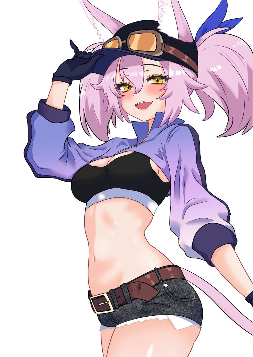 1girl absurdres alternate_costume animal_ears belt casual cat_ears cat_tail denim denim_shorts duel_monster gloves goggles goggles_on_headwear hat highres kitt_(yu-gi-oh!) long_hair midriff navel oldsickkim pink_hair short_shorts shorts solo sports_bra tail tri-brigade_kitt twintails yellow_eyes yu-gi-oh!