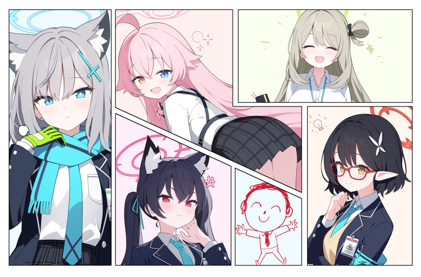 1boy 5girls absurdres ahoge animal_ear_fluff animal_ears ayane_(blue_archive) black_hair black_jacket black_skirt blazer blue_archive blue_eyes blue_halo blue_necktie blue_scarf blush breasts cat_ears closed_eyes closed_mouth collared_shirt cross_hair_ornament doodle_sensei_(blue_archive) extra_ears fang fox_ears glasses gloves green_gloves green_halo grey_hair hair_ornament halo heterochromia highres hoshino_(blue_archive) jacket jyt large_breasts light_brown_hair long_hair looking_at_viewer medium_hair mismatched_pupils multiple_girls necktie nonomi_(blue_archive) open_mouth parted_lips pink_hair pink_halo pleated_skirt pointy_ears red-framed_eyewear red_eyes red_halo scarf sensei_(blue_archive) serika_(blue_archive) shiroko_(blue_archive) shirt short_hair skin_fang skirt small_breasts smile twintails white_shirt yellow_eyes