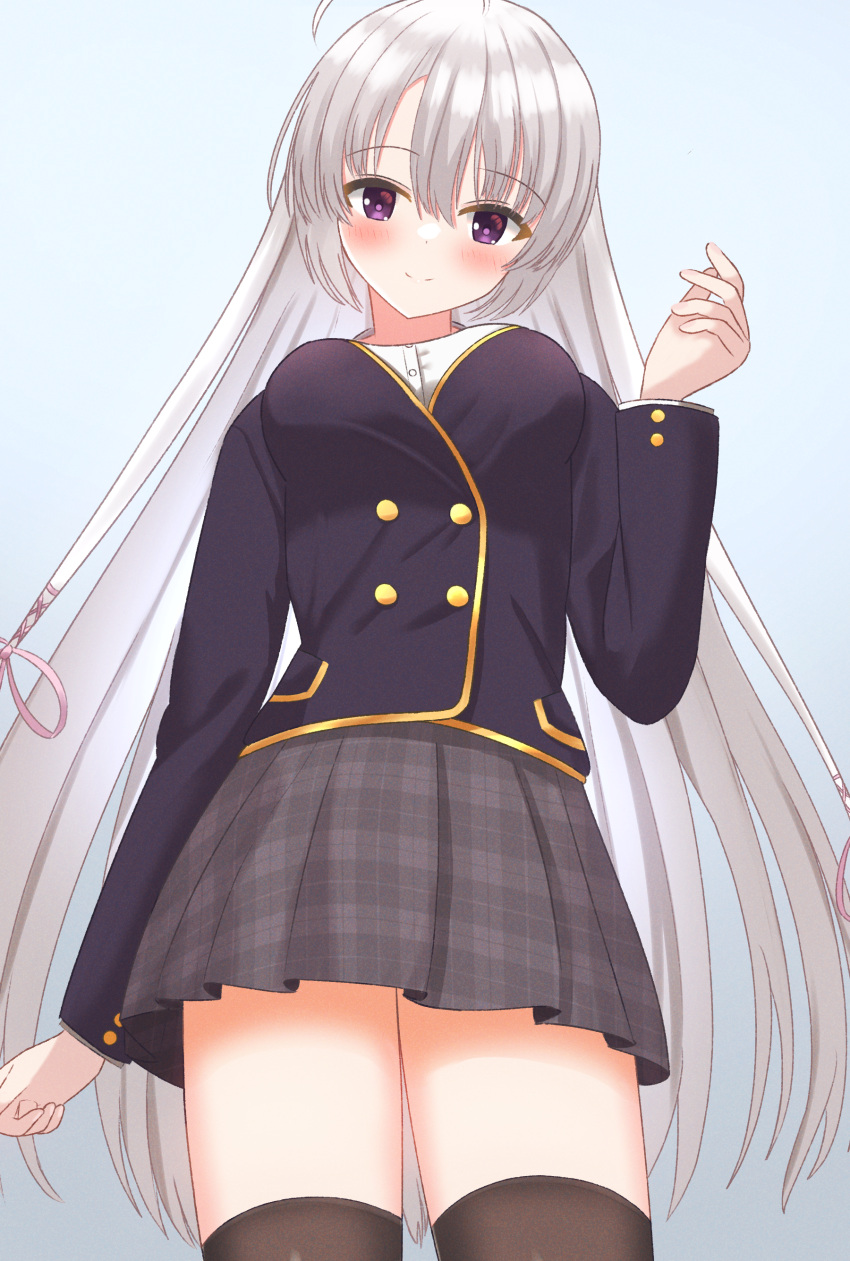 1girl absurdres ahoge arm_at_side ayachi_nene black_jacket black_thighhighs blush breasts closed_mouth commentary cowboy_shot from_below grey_hair grey_skirt hair_between_eyes hair_ribbon hand_up head_tilt highres impossible_clothes jacket large_breasts long_hair long_sleeves looking_at_viewer miniskirt pink_ribbon plaid plaid_skirt pleated_skirt purple_eyes ribbon ryu_h2so4 sanoba_witch school_uniform simple_background skirt smile solo split_mouth straight_hair thighhighs tsurime very_long_hair white_background zettai_ryouiki