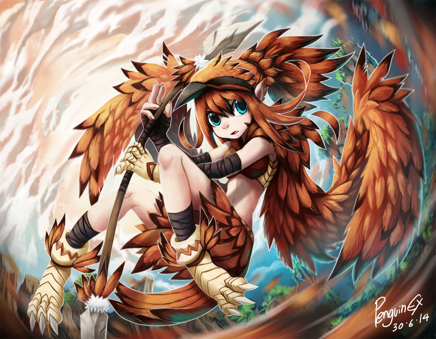 2014 blue_eyes cloud dated day detailed feathered_wings feathers female hair holding_object holding_spear holding_weapon humanoid melee_weapon navel orange_hair orange_wings outside penguinexperience polearm signature solo spear tan_body tan_skin weapon wings