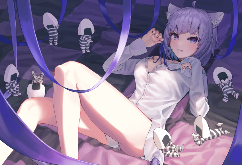 1girl :3 absurdres ahoge animal_collar animal_ear_fluff animal_ears ass bangs bare_legs bare_shoulders black_collar blue_hair breasts cat_ears cat_girl cat_tail checkered_blanket cleavage closed_mouth collar collared_shirt colored_inner_hair diagonal_bangs dress_shirt eyebrows_behind_hair feet_out_of_frame food hands_up highres hololive knees_up licking_lips light_blush long_sleeves looking_at_viewer loose_neck_ribbon lying medium_breasts medium_hair multicolored_hair naked_shirt neck_ribbon nekomata_okayu no_bra no_pants off_shoulder on_back onigiri onigirya_(nekomata_okayu) partially_unbuttoned purple_eyes purple_hair purple_ribbon ribbon shirt short_hair sleeves_past_wrists smile susukawa_(susucawa) tail tongue tongue_out tsurime two-tone_hair virtual_youtuber white_shirt