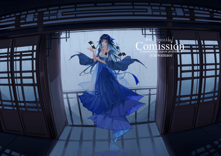 1girl absurdres animal_request bare_shoulders blue_dress blue_eyes blue_hair blue_ribbon colored_inner_hair commentary dress english_commentary english_text fish floating hair_ribbon highres indie_virtual_youtuber long_dress long_hair multicolored_hair rain ribbon solo teizen_(niwamaee) twitter_username very_long_hair virtual_youtuber water_drop window