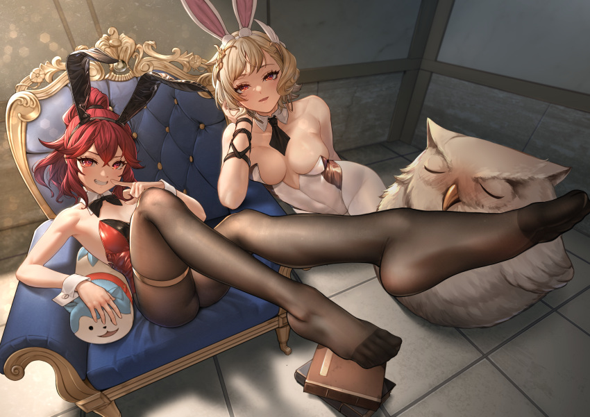 2girls absurdres amiba_(nerdamiba) animal animal_ears anna_(fire_emblem) armchair bare_shoulders bird black_bow black_bowtie black_leotard black_necktie black_pantyhose blonde_hair book book_stack bow bowtie breasts chair character_pillow citrinne_(fire_emblem) commentary_request crossed_bangs detached_collar fake_animal_ears feet feh_(fire_emblem_heroes) finger_to_face fire_emblem fire_emblem_engage fire_emblem_heroes grin highres indoors large_breasts legs leotard looking_at_viewer multiple_girls necktie open_mouth owl pantyhose playboy_bunny ponytail rabbit_ears red_eyes red_leotard short_hair short_necktie small_breasts smile sommie_(fire_emblem) thigh_strap two-tone_leotard white_leotard white_pantyhose wrist_cuffs