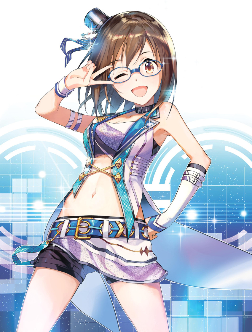 1044kiro 1girl absurdres armband bare_shoulders belt belt_collar black_headwear black_shorts blue-framed_eyewear blue_background blue_belt blush breasts brown_eyes brown_hair cleavage collar collarbone cowboy_shot detached_sleeves dot_nose hand_on_own_hip hand_up hat highres idolmaster idolmaster_cinderella_girls idolmaster_cinderella_girls_starlight_stage jacket kamijo_haruna long_sleeves looking_at_viewer medium_breasts midriff mini_hat miniskirt multicolored_clothes multicolored_jacket navel one_eye_closed open_clothes open_jacket open_mouth purple_skirt short_hair shorts shorts_under_skirt single_detached_sleeve single_wrist_cuff skirt smile solo sparkle standing tailcoat two-tone_bandeau two-tone_jacket v white_sleeves white_wrist_cuffs wrist_cuffs