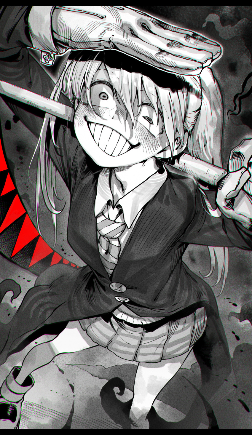 1girl absurdres arm_up clenched_teeth coat crazy crazy_eyes crazy_smile diagonal-striped_clothes diagonal-striped_necktie gloves greyscale grin highres holding holding_scythe holding_weapon long_hair long_sleeves maka_albarn messy_hair monochrome necktie niwarhythm pleated_skirt scythe skirt sleeve_cuffs smile solo soul_eater spot_color standing striped_clothes teeth twintails weapon