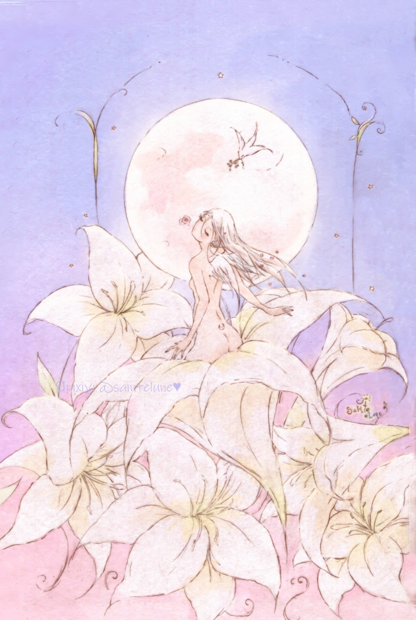 1girl absurdres angel_wings artist_name ass back blue_sky breasts closed_eyes eyelashes flower from_behind full_moon highres lily_(flower) long_hair moon nude original oversized_flower petals pink_flower pink_rose pixiv_username rose sainte_lune scenery sitting sky small_breasts solo star_(symbol) white_flower white_hair white_lily wide_shot wings