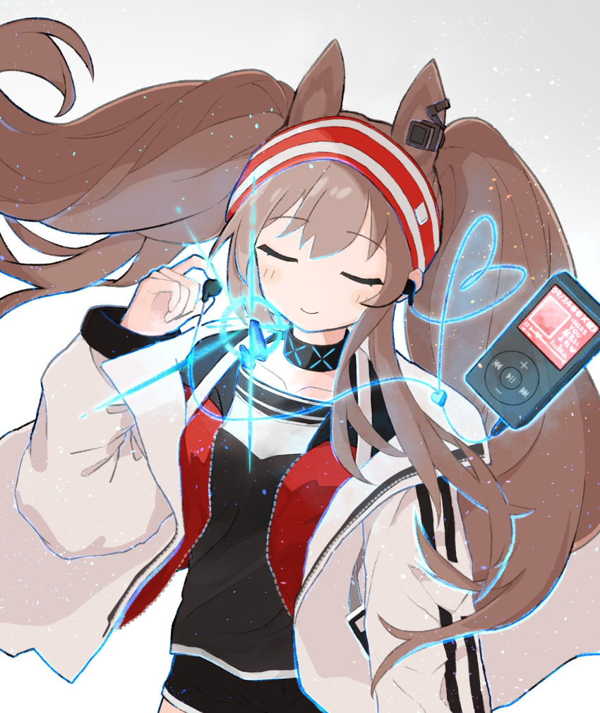 1girl angelina_(arknights) animal_ears arknights arm_at_side black_shirt black_shorts blush brown_hair closed_eyes closed_mouth collarbone cowboy_shot digital_media_player earbuds earphones facing_viewer floating floating_hair fox_ears fox_girl hairband hand_up highres holding holding_earphones infection_monitor_(arknights) ipod jacket long_hair long_sleeves okaru4765857 open_clothes open_jacket red_hairband shirt shorts sidelocks simple_background smile solo striped_clothes striped_jacket twintails white_background white_jacket