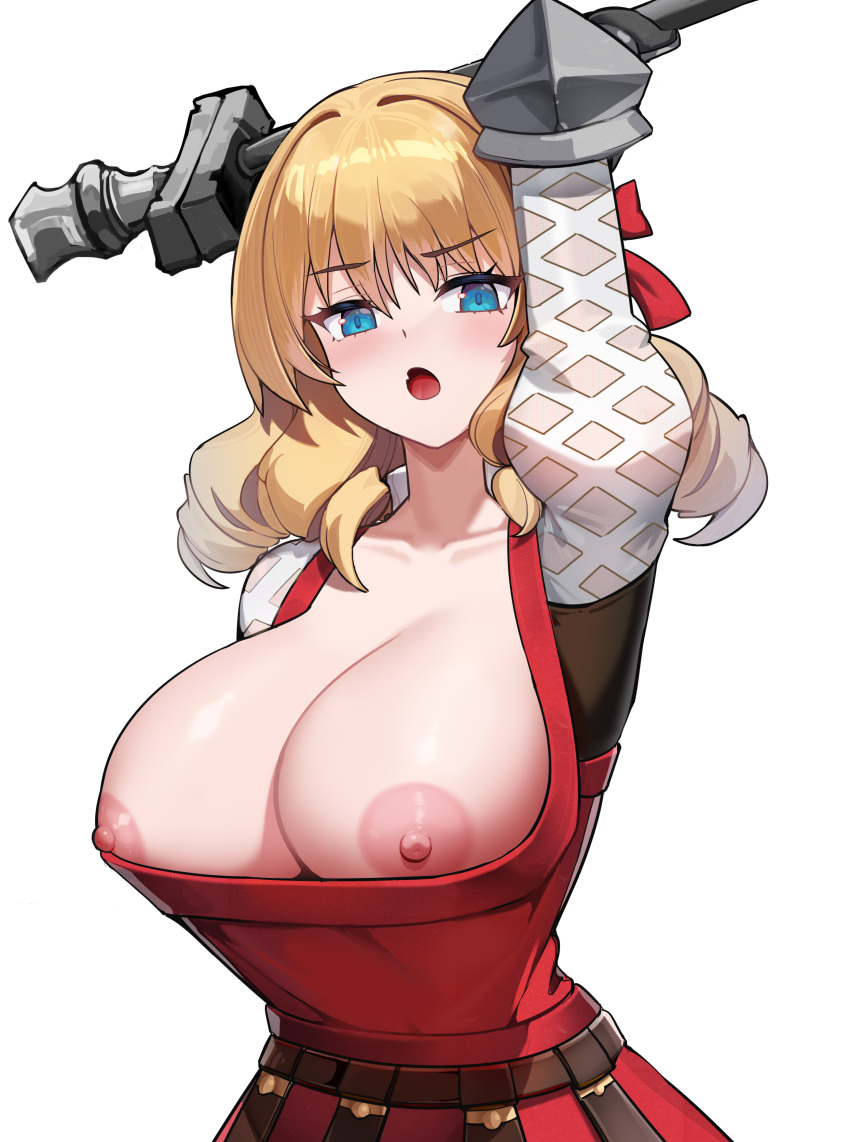 1girl absurdres arm_up blonde_hair blue_eyes blush breasts collarbone dishui_tangni dress drill_hair hair_intakes highres holding holding_staff holding_weapon large_breasts long_hair looking_at_viewer nipple_slip nipples open_mouth puffy_nipples red_dress scarlett_(unicorn_overlord) shiny_skin solo staff unicorn_overlord upper_body weapon white_background