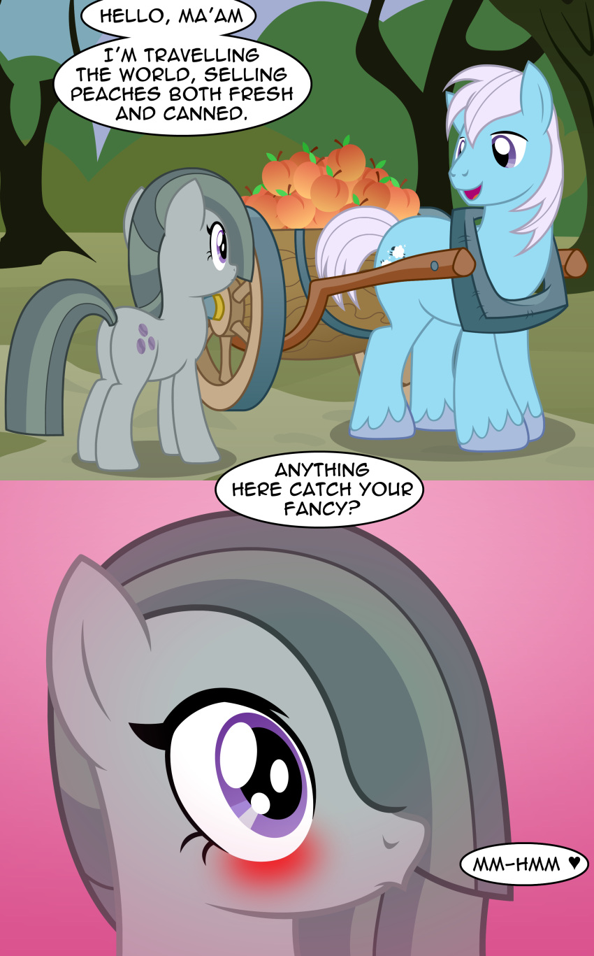 absurd_res badumsquish blue_body blue_fur blush comic cutie_mark dialogue earth_pony english_text equid equine female food friendship_is_magic fruit fur grey_body grey_fur grey_hair grey_tail hair hasbro heart_symbol hi_res hooves horse love male mammal marble_pie_(mlp) my_little_pony peach_(fruit) plant pony purple_eyes tail text wagon white_hair white_tail yoke