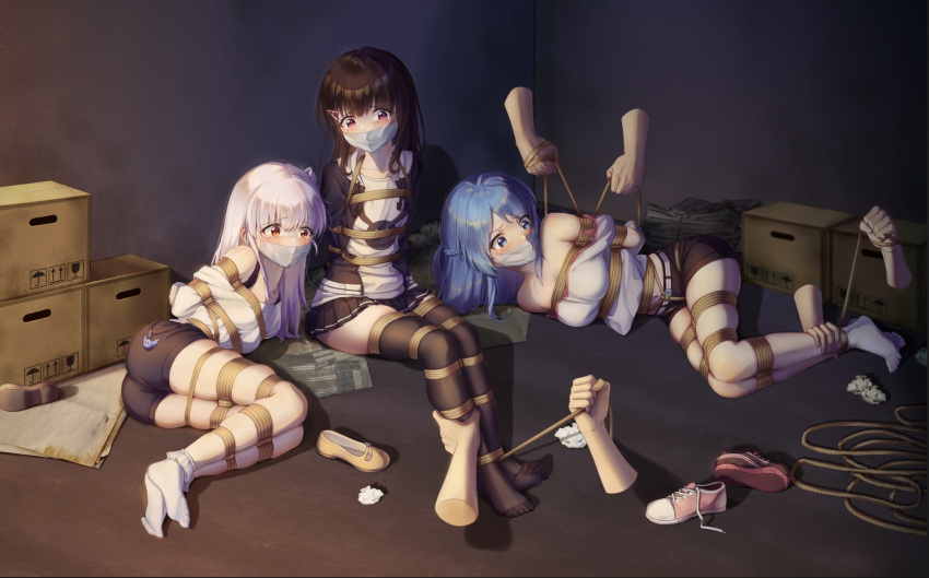 3girls bdsm black_hair black_shorts black_skirt blue_eyes blue_hair bondage bound box dark_room highres leno^a^ multiple_girls on_floor original pantyhose red_eyes rope shibari shorts skirt white_hair