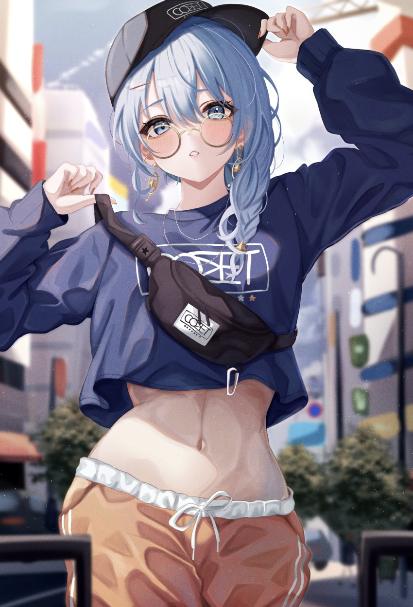 1girl bag baseball_cap blue_eyes blue_hair blurry blurry_background casual earrings glasses hat highres hololive hoshimachi_suisei jewelry long_hair long_sleeves looking_at_viewer midriff nail_polish navel outdoors pants round_eyewear sa-ya2 shoulder_bag side_ponytail solo star_(symbol) star_in_eye symbol_in_eye virtual_youtuber