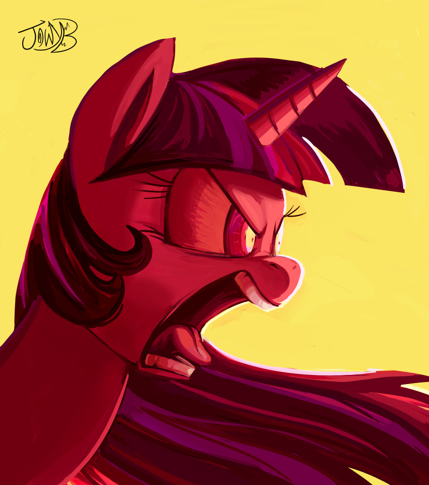 absurd_res angry equid equine friendship_is_magic hair hasbro hi_res horn jowybean long_hair mammal my_little_pony mythological_creature mythological_equine mythology open_mouth portrait red_eyes red_theme simple_background teeth tongue twilight_sparkle_(mlp) unicorn yellow_background