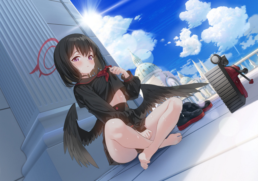 1girl anti-materiel_rifle anzio_ironworks_20mm_rifle artist_request barefoot between_legs black_choker black_hair black_serafuku black_wings blue_archive blush bow buttons choker clothes_tug cloud cloudy_sky feathered_wings feet flying_sweatdrops game_cg gun halo hand_between_legs highres hot indian_style long_sleeves looking_at_viewer low_wings mashiro_(blue_archive) medium_hair midriff_peek non-web_source official_art on_floor outdoors puffy_long_sleeves puffy_sleeves purple_eyes red_bow red_halo rifle school_uniform serafuku shirt_tug shoes sitting skirt skirt_tug sky sniper_rifle solo stone_pillar sweat unworn_shoes weapon winged_halo wings