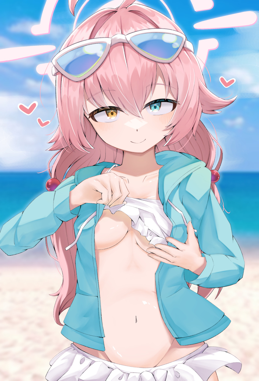 1girl absurdres ahoge aqua_jacket beach bikini bikini_top_lift blue-tinted_eyewear blue_archive blue_eyes blue_sky breasts closed_mouth clothes_lift covered_nipples day eyewear_on_head frilled_bikini frills hair_between_eyes hair_bobbles hair_flaps hair_ornament halo heart heterochromia highres hood hooded_jacket hoshino_(blue_archive) hoshino_(swimsuit)_(blue_archive) jacket low_twintails navel ocean outdoors pink_hair pink_halo sky small_breasts smile solo sugarplus swimsuit tinted_eyewear twintails white_bikini yellow_eyes