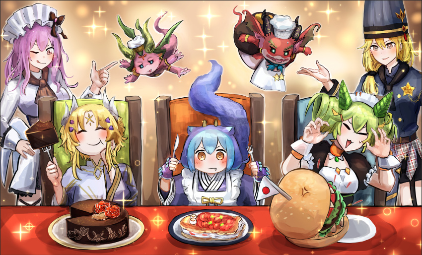 5girls absurdres apron blonde_hair blue_eyes blue_hair breasts buerillabaisse_de_nouvelles commission confiras_de_nouvelles dragon_girl dragon_horns dragon_tail dress duel_monster ecclesia_(yu-gi-oh!) gloves hatano_kiyoshi highres holding horns hungry_burger incredible_ecclesia_the_virtuous laundry_dragonmaid long_hair maid maid_apron multicolored_hair multiple_girls open_mouth parlor_dragonmaid patissciel_couverture poissoniere_de_nouvelles short_hair skeb_commission smile tail wa_maid yellow_eyes yu-gi-oh!