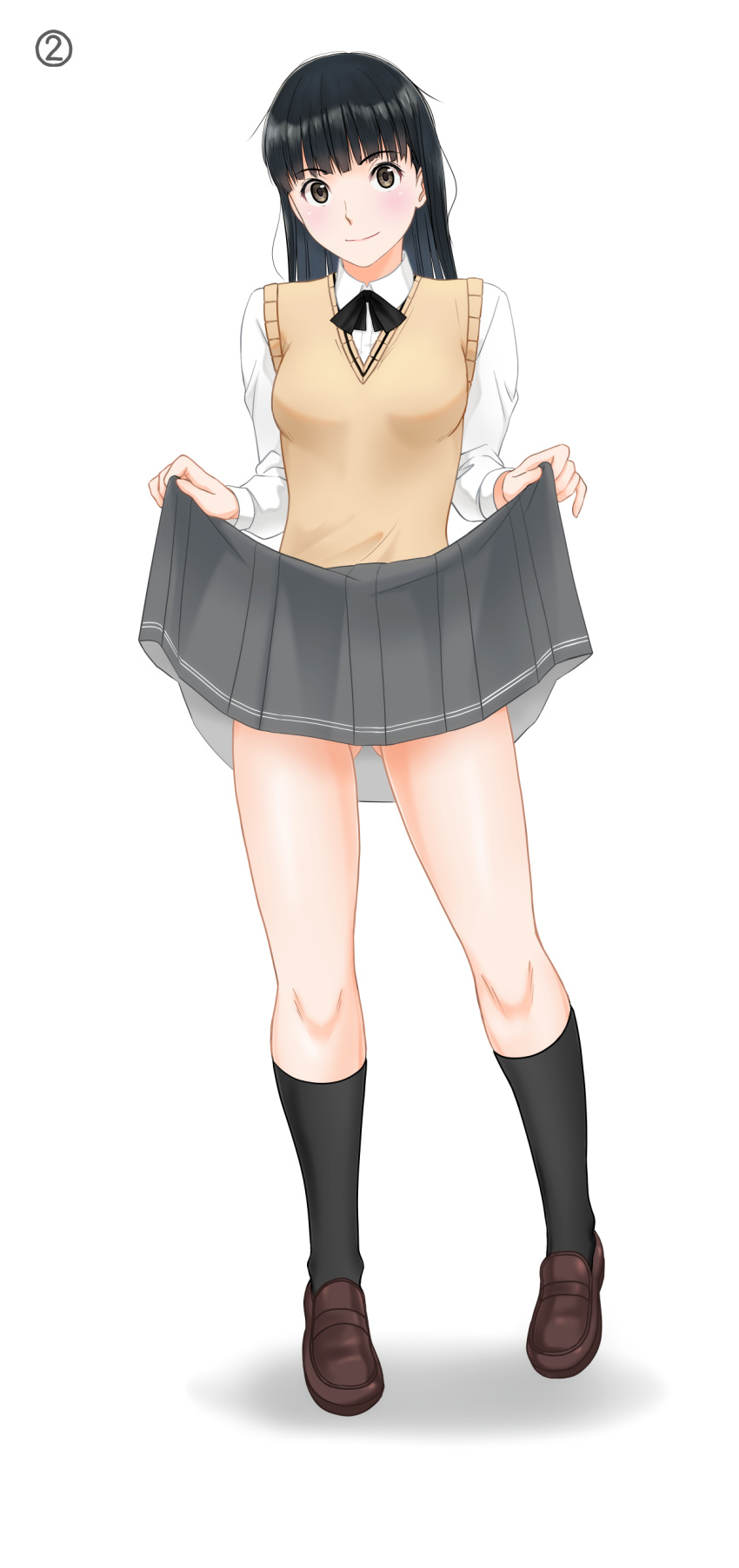 1girl absurdres amagami ass_visible_through_thighs ayatsuji_tsukasa black_bow black_bowtie black_eyes black_hair black_socks blush bow bowtie breasts brown_footwear closed_mouth clothes_lift collared_shirt full_body grey_skirt highres kero320 kibito_high_school_uniform kneehighs light_smile loafers long_hair long_sleeves looking_at_viewer medium_breasts pleated_skirt revision school_uniform shirt shoes simple_background skirt skirt_lift socks solo standing straight_hair sweater_vest v-neck white_background white_shirt yellow_sweater_vest