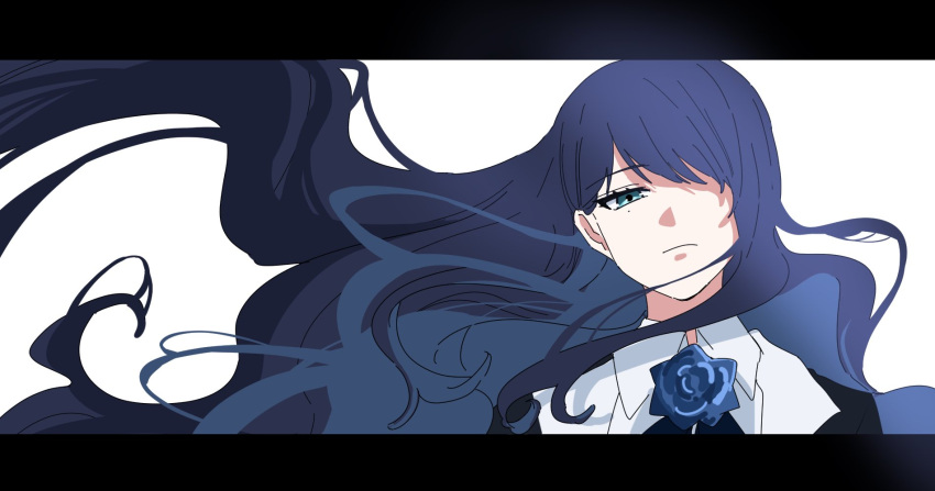 1girl ado_(utaite) black_coat blue_eyes blue_flower blue_hair blue_rose close-up closed_mouth coat collared_shirt commentary_request floating_hair flower highres inu_draw letterboxed long_hair looking_at_viewer mole mole_under_eye neck_flower rose shirt simple_background solo very_long_hair vocaloid white_background white_shirt