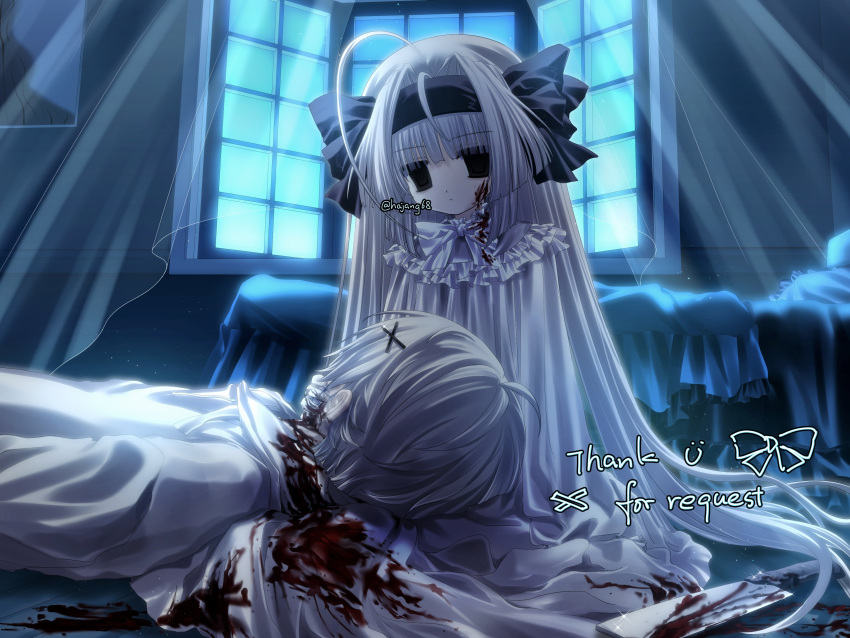 1boy 1girl absurdres ahoge bed black_eyes blood blood_on_clothes blood_on_face blood_on_ground blood_on_weapon check_copyright cleaver closed_mouth commission copyright_request curtains dress empty_eyes frilled_dress frills hair_intakes hair_ornament hairband hajang68 hand_on_another's_face highres indoors lap_pillow long_hair lying night nightgown on_back on_floor original shirt short_hair sitting straight_hair twitter_username very_long_hair watermark weapon white_dress white_headwear white_nightgown white_shirt window x_hair_ornament