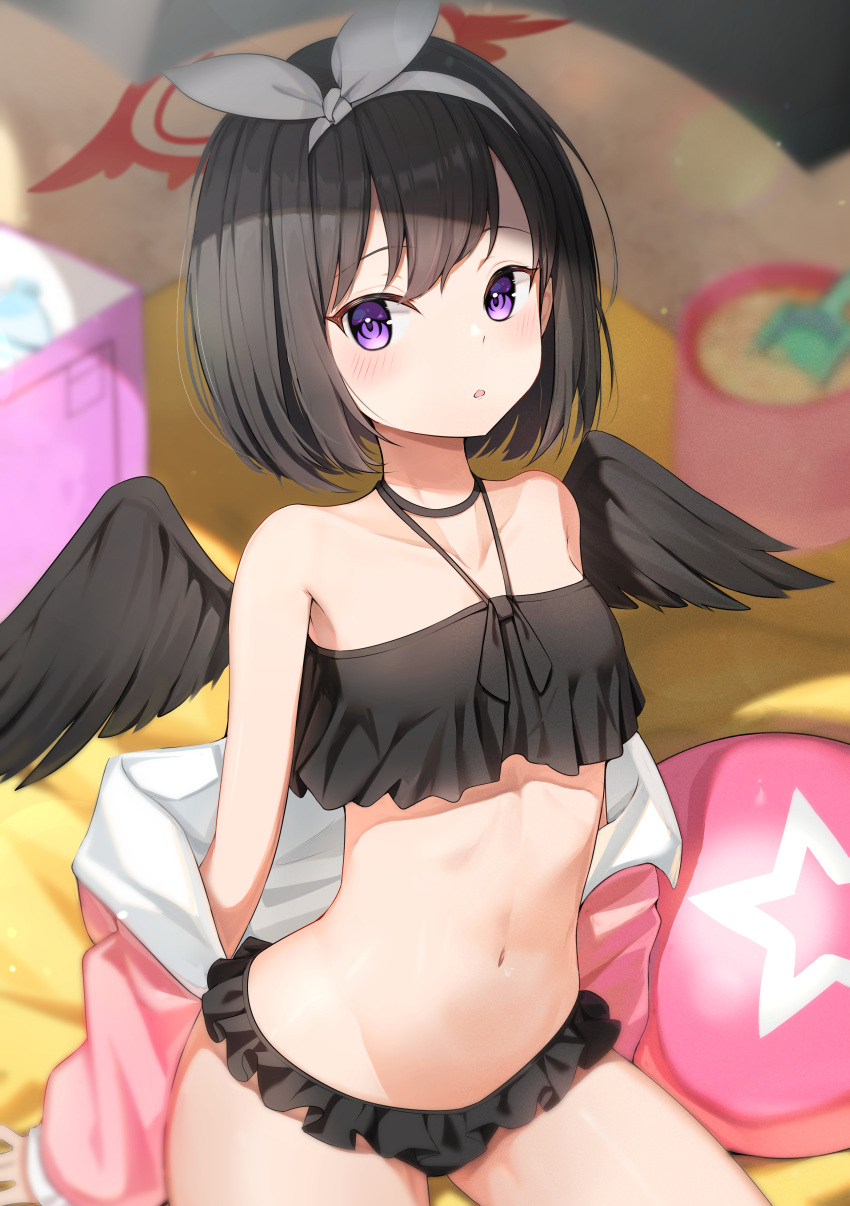 1girl :o absurdres arm_support bangs bare_shoulders bikini black_bikini black_hair black_wings blue_archive blurry blush bow_hairband breasts choker collarbone cowboy_shot depth_of_field feathered_wings frilled_bikini frills hairband halo halter_top halterneck highres jacket looking_at_viewer mashiro_(blue_archive) mashiro_(swimsuit)_(blue_archive) navel off_shoulder parted_lips pink_jacket purple_eyes short_hair sitting small_breasts solo stomach swimsuit thighs three_twosix white_hairband wings