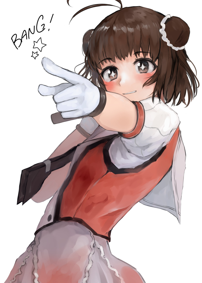 +_+ 1girl 73suke absurdres antenna_hair black_neckerchief brown_eyes brown_hair buttons commentary_request double-breasted double_bun finger_gun hair_bun highres kantai_collection naka_(kancolle) naka_kai_ni_(kancolle) neckerchief orange_shirt sailor_collar school_uniform serafuku shirt short_hair simple_background solo white_background white_sailor_collar