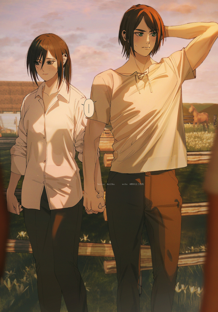 ... 1boy 1girl absurdres arm_behind_head black_eyes black_hair brown_hair chinese_commentary commentary_request eren_yeager fence grass green_eyes hetero highres holding_hands horse mikasa_ackerman niku_(ni23ku) ponytail shared_speech_bubble shingeki_no_kyojin speech_bubble spoken_ellipsis sweatdrop toned toned_male