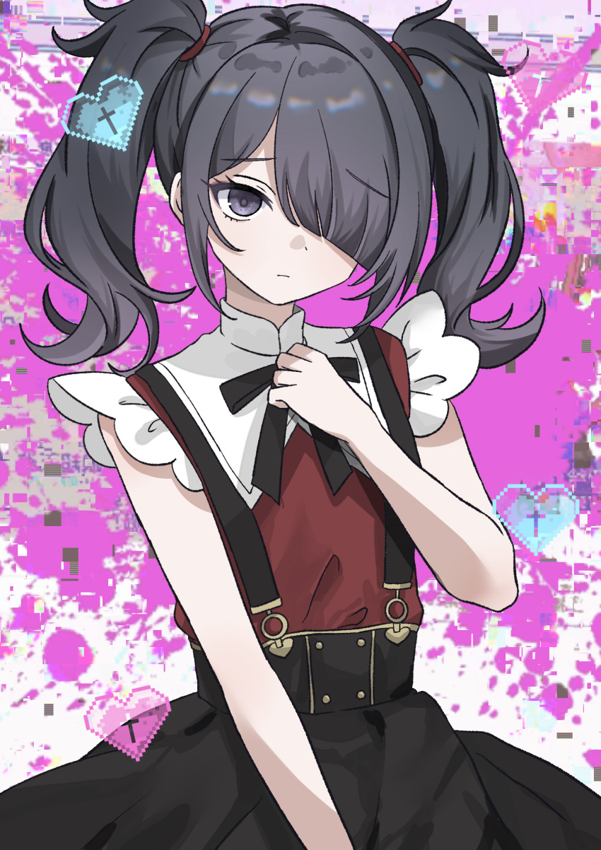 1girl ame-chan_(needy_girl_overdose) black_hair black_ribbon black_skirt blood blood_splatter chinese_commentary closed_mouth collared_shirt commentary_request commission cowboy_shot cross hair_ornament hair_over_one_eye hand_on_own_chest hand_up heart highres long_hair looking_at_viewer neck_ribbon needy_girl_overdose pink_blood pixel_heart procreate_(medium) purple_eyes red_shirt ribbon shirt skirt solo standing suspender_skirt suspenders twintails x_hair_ornament zeniaguan