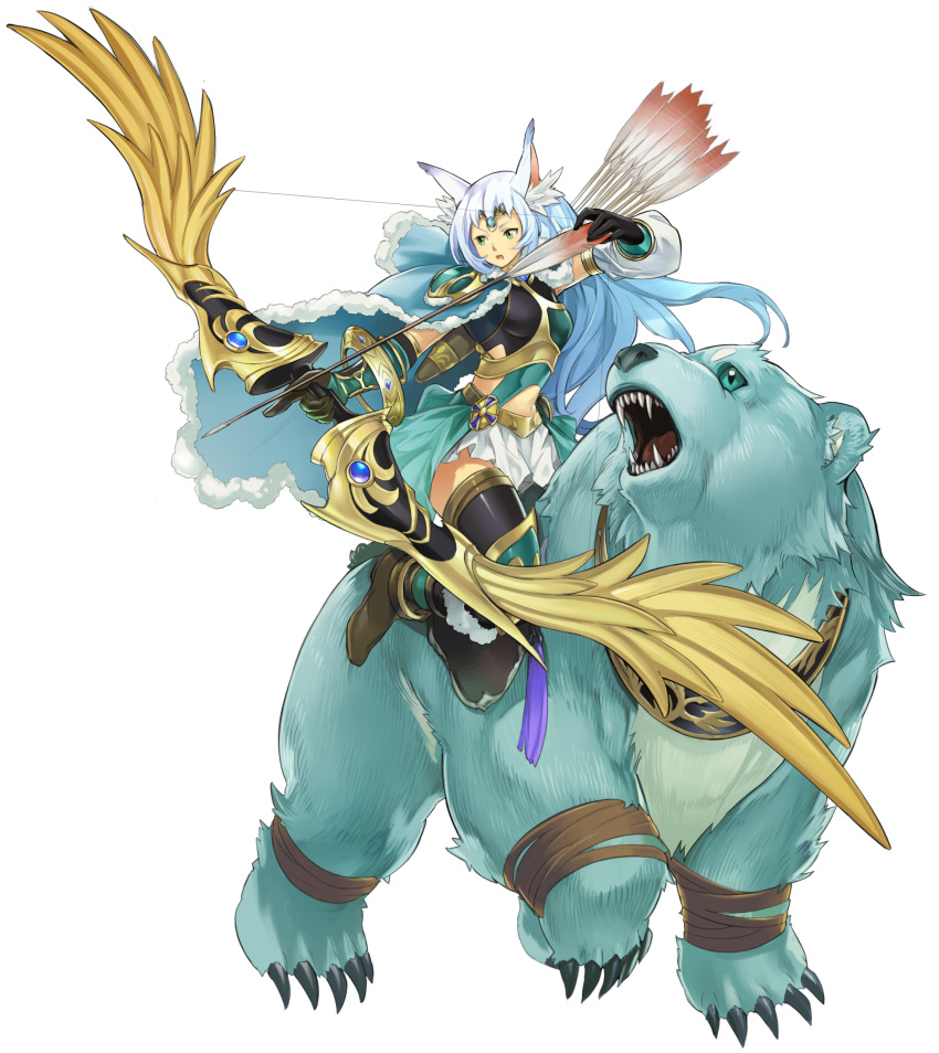 1girl animal_ear_fluff animal_ears anonymous_(yu-gi-oh!) apollousa_bow_of_the_goddess arrow_(projectile) bear blue_hair bow_(weapon) bracelet breasts cape claws duel_monster forehead_jewel full_body fur_trim game_cg gloves gradient_hair green_eyes highres holding holding_bow_(weapon) holding_weapon jewelry long_hair multicolored_hair non-web_source riding_bear small_breasts solo stitched thighhighs third-party_edit transparent_background two-tone_hair very_long_hair weapon white_hair yu-gi-oh! yu-gi-oh!_master_duel