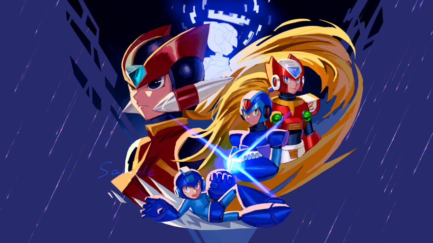 5boys arm_cannon artist_name black_eyes blonde_hair blue_bodysuit blue_eyes blue_headwear bodysuit cyber_elf_x_(mega_man) dual_persona forehead_jewel green_eyes helmet highres in-franchise_crossover long_hair maymango_2244 mega_man_(character) mega_man_(classic) mega_man_(series) mega_man_x_(series) mega_man_zero_(series) multiple_boys ponytail red_headwear sliding smile upper_body weapon x_(mega_man) zero(z)_(mega_man) zero_(mega_man)