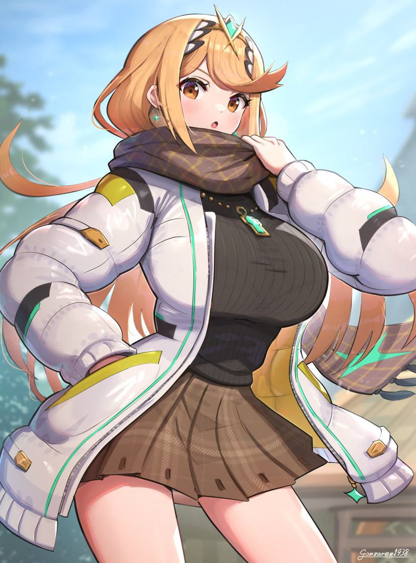 1girl absurdres adjusting_scarf alternate_costume artist_name blonde_hair blurry blurry_background breasts brown_scarf coat core_crystal_(xenoblade) gonzarez hand_in_pocket highres huge_breasts long_hair looking_at_viewer mythra_(xenoblade) open_clothes open_coat parted_lips pleated_skirt puffy_coat scarf skirt solo sweat white_coat xenoblade_chronicles_(series) xenoblade_chronicles_2