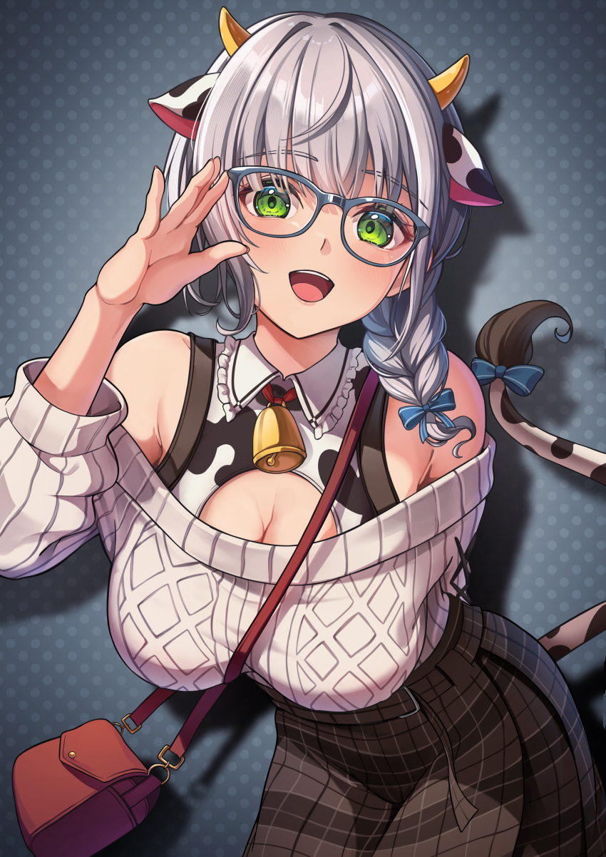 1girl absurdres animal_ears animal_print arm_behind_back bare_shoulders bell blush braid breasts brown_skirt chameleon_(chameleon0613) cleavage cow_ears cow_horns cow_print cow_tail glasses green_eyes grey_hair highres hololive horns large_breasts long_hair looking_at_viewer neck_bell off-shoulder_sweater off_shoulder open_mouth plaid plaid_skirt shirogane_noel skirt smile solo sweater tail virtual_youtuber