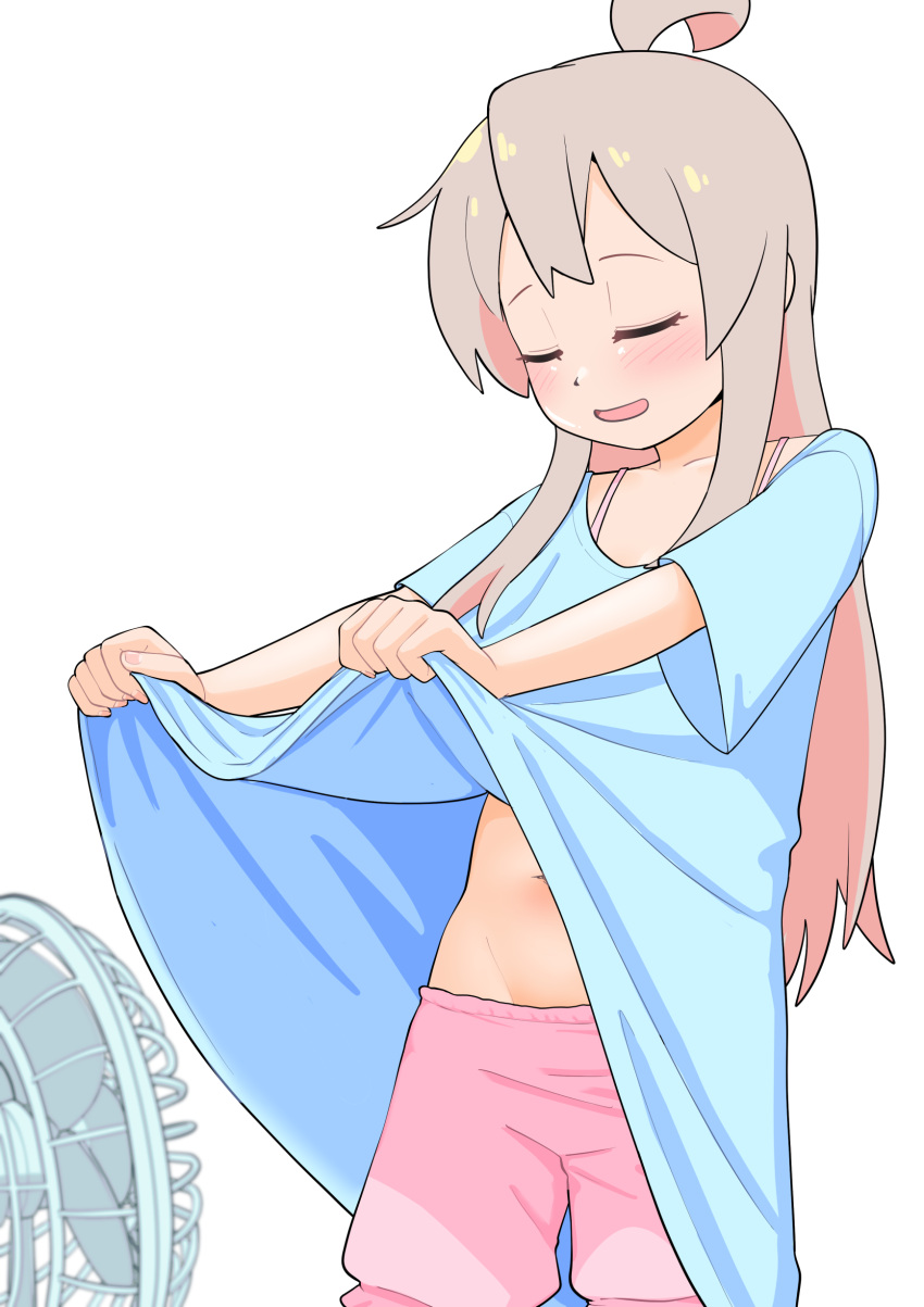 1girl :d absurdres ahoge blue_dress blush bra_strap closed_eyes clothes_lift colored_inner_hair commentary dress dress_lift electric_fan fanning_self grey_hair groin happyundergate highres lifted_by_self multicolored_hair navel onii-chan_wa_oshimai! open_mouth oyama_mahiro pink_hair short_sleeves simple_background smile solo two-tone_hair white_background