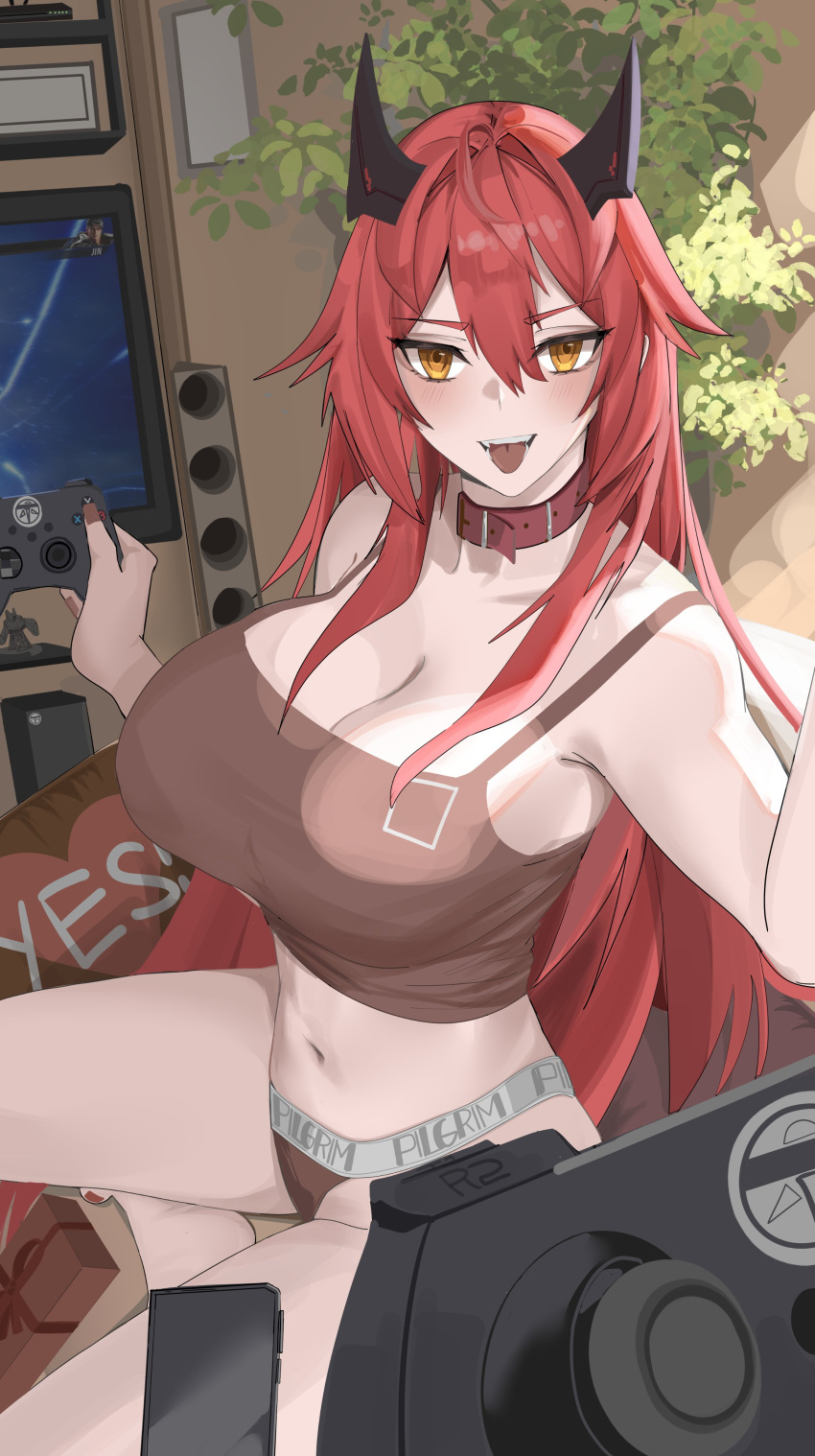 1girl absurdres bare_shoulders blush breasts brown_shirt cleavage controller crop_top game_controller goddess_of_victory:_nikke hair_between_eyes headgear highres holding holding_controller holding_game_controller horns large_breasts long_hair looking_at_viewer mechanical_horns navel orange_eyes phantasmaliagon red_hair red_hood_(nikke) shirt solo tongue tongue_out underwear very_long_hair yes-no_pillow