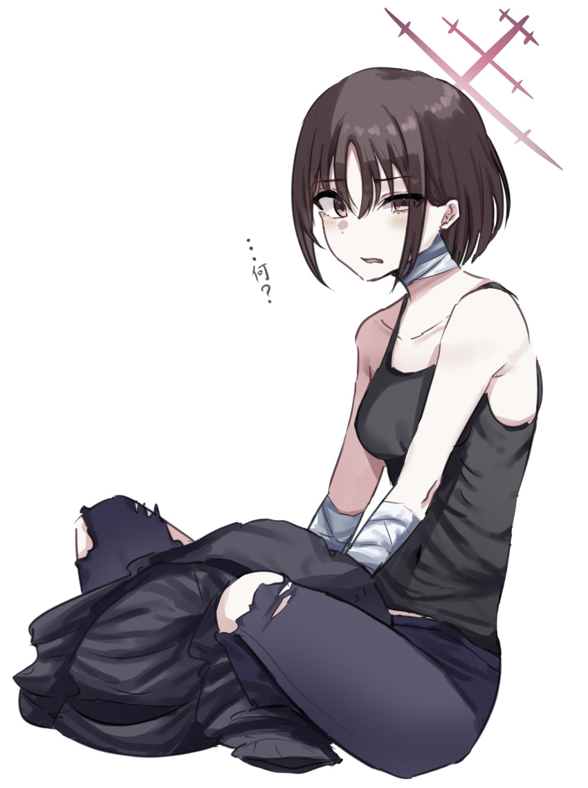 1girl absurdres bandaged_neck bandages black_camisole black_hair blue_archive camisole halo highres indian_style jacket kudo_udon looking_at_viewer misaki_(blue_archive) pants purple_eyes purple_halo simple_background sitting solo torn_clothes torn_pants uneven_eyes unworn_jacket white_background wrist_wrap