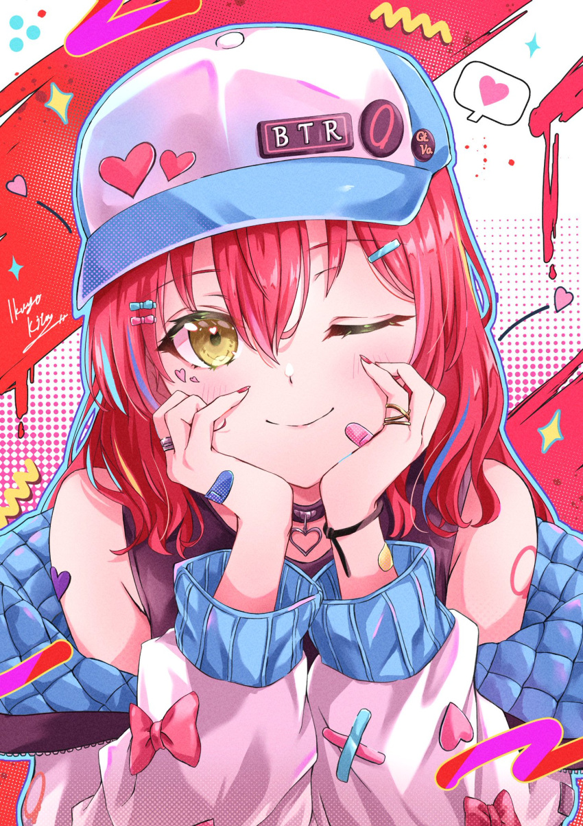 1girl bandaid bandaid_on_hand bare_shoulders baseball_cap bocchi_the_rock! character_name closed_mouth elbow_rest green_eyes hat heart heart_collar highres jacket jewelry kikugawa_roku kita_ikuyo long_sleeves looking_at_viewer multiple_hairpins off_shoulder one_eye_closed pink_jacket portrait red_hair ring solo spoken_heart upper_body