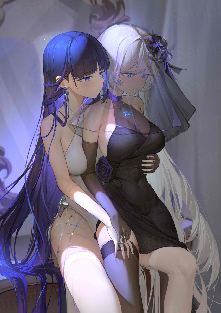 2girls absurdres bare_shoulders black_gloves black_thighhighs blunt_bangs blush breasts cleavage criss-cross_halter curtains dress earrings elbow_gloves evening_gown gloves hair_between_eyes halter_dress halterneck hand_on_another's_leg highres holding_hands honkai_(series) honkai_impact_3rd indoors jewelry kiana_kaslana large_breasts long_hair looking_at_another looking_down mirror multiple_girls necklace pelvic_curtain purple_eyes purple_hair raiden_mei ring saw272 see-through_veil shadow straight_hair thighhighs very_long_hair white_dress white_hair white_thighhighs yuri